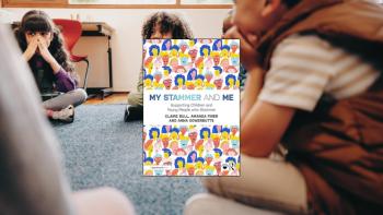 A book cover, with a backdrop of young children sitting in a room