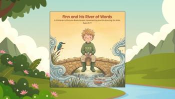 A children's book cover featuring an illustrated boy sitting on a bridge over a river
