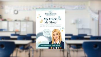 A book cover against an empty school classroom