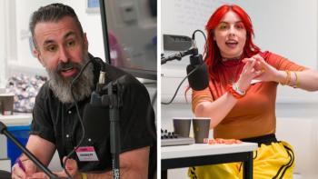 A man and a woman speaking into microphones