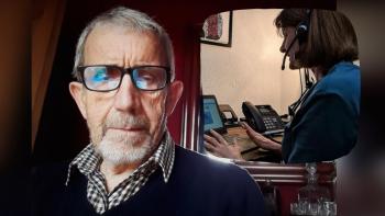 A man looking at the camera. Inset is a woman with a laptop in front of her and wearing a headset