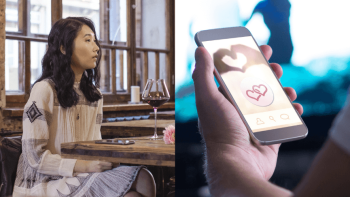 A woman sitting in a restaurant and a close up of a hand using a mobile phone