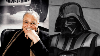 A man smiling for the camera and a person in a Darth Vader costume