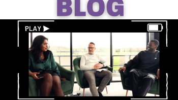 A woman and two men sitting on armchairs and chatting, with viewfinder graphics overlaid