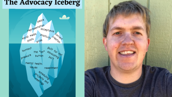 An illustrated iceberg covered with words under the title 'The advocacy iceberg'. Next to this is a man smiling for the camera