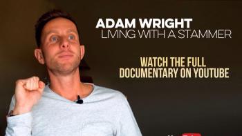 A man looking to the right, next to text saying 'Adam Wright, living with a stammer. Watch the full documentary on YouTube'
