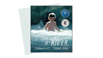 The illustrated front cover of a book, of a boy in a river