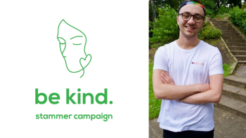A young man with his arms folded, smiling, next to a logo saying 'Be kind, stammer campaign