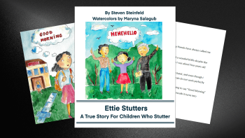 An illustrated front cover of a children's book, with two pages from the book behind it.