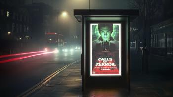 Our Calls Of Terror movie poster on a JCDecaux bus stop digital screen at night