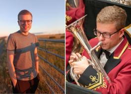 Two images, one of a man standing and looking at the camera, the second of the same person playing a brass instrument