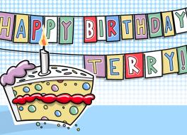 An illustrated slice of birthday cake, with bunting above it, spelling out Happy birthday Terry!
