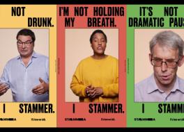 Three posters showing people mid-stammer