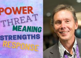 A man smiling, next to the words 'Power', 'Threats', 'Meaning', 'Strengths' and 'Response'