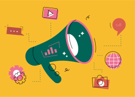 Illustration of a megaphone surrounded by icons for the web, YouTube, a camera and speech bubble