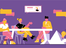 Illustration of a group sat around a table in conversation