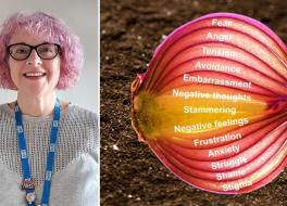 A woman smiling, next to a diagram of an onion, with words on each layer