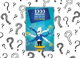 A book cover with an illustrated man with six arms, against a background of question marks in different styles
