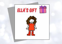 An children's drawing of a girl with the words 'Ella's Gift' above it