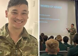A man in an army uniform smiling, next to a photo of the same man doing a presentation at a school assembly