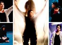 A woman performing on stage in a play, in five different poses