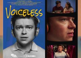 A film poster featuring a man earing headphones, with scenes from the film next it