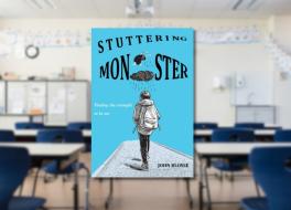 A book cover with an empty classroom in the background
