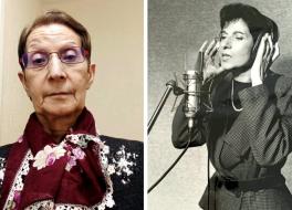 A woman smiling, next to her in her younger days, wearing headphones and singing into a microphone