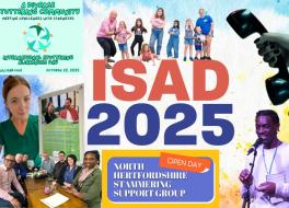 'ISAD 2024', surrounded by a group of adults, a woman, a group of children and a man speaking into a microphone
