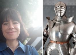 A woman smiling, next to a suit of armour