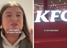 A woman talking, next to a KFC logo