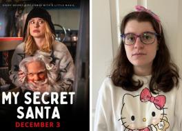 A film poster and a young woman looking serious