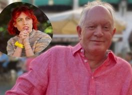 A man sitting outdoors and smiling, with an inset of a woman with her hands clasped together