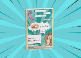 A book cover featuring illustrations of a  woman, a mouth and a telephone receiver