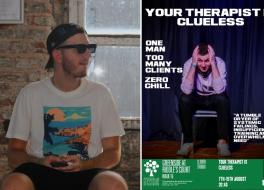 A man wearing sunglasses and a cap, looking to the right, at a poster featuring a man with his head in his hands. Above is the title 'Your Therapist is Clueless'