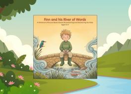 A children's book cover featuring an illustrated boy sitting on a bridge over a river