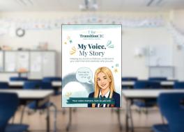A book cover against an empty school classroom
