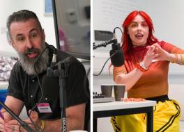 A man and a woman speaking into microphones