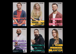 Six posters of people looking at the camera