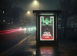 Our Calls Of Terror movie poster on a JCDecaux bus stop digital screen at night