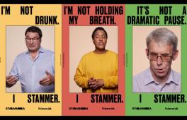 Three posters showing people mid-stammer
