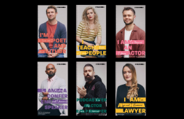Six posters of people looking at the camera