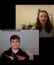 Two images of people on a video call, one of a woman and another of a boy