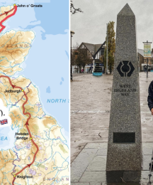 Two images, a map of the UK on the left and a man standing next to a stone marker and wearing hiking gear on the right