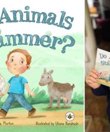 Two images, an illustrated children's book cover, next to a boy holding the book