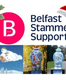 Text saying 'Belfast Stammer Support' above an animated Snowman scene and two decorated Snowmen