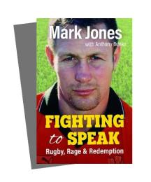 A book cover of a man's face with the text 'Mark Jones, Fighting to Speak'