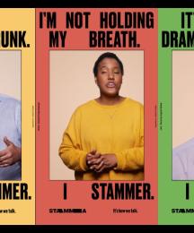 Three posters showing people mid-stammer