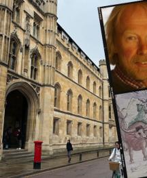 A historic Cambridge university building, with insets of a man smiling and a book cover