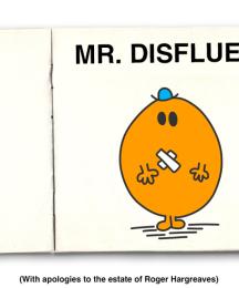 A comic strip character looking at the camera with 'Mr. Disfluent' above it